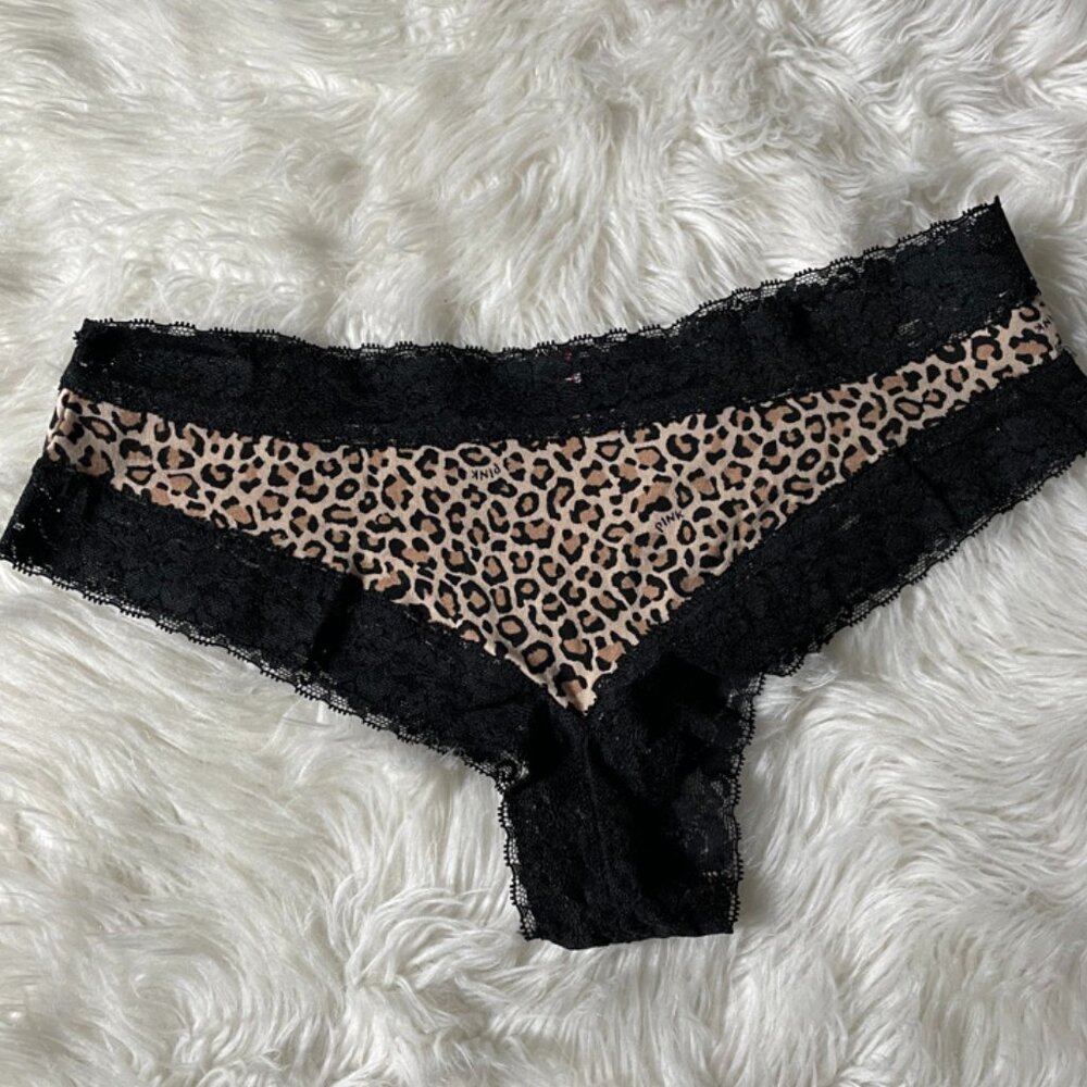 NWOT PINK Victoria's Secret X-Low Rise Cheekster Animal Print Black Lace Trim L